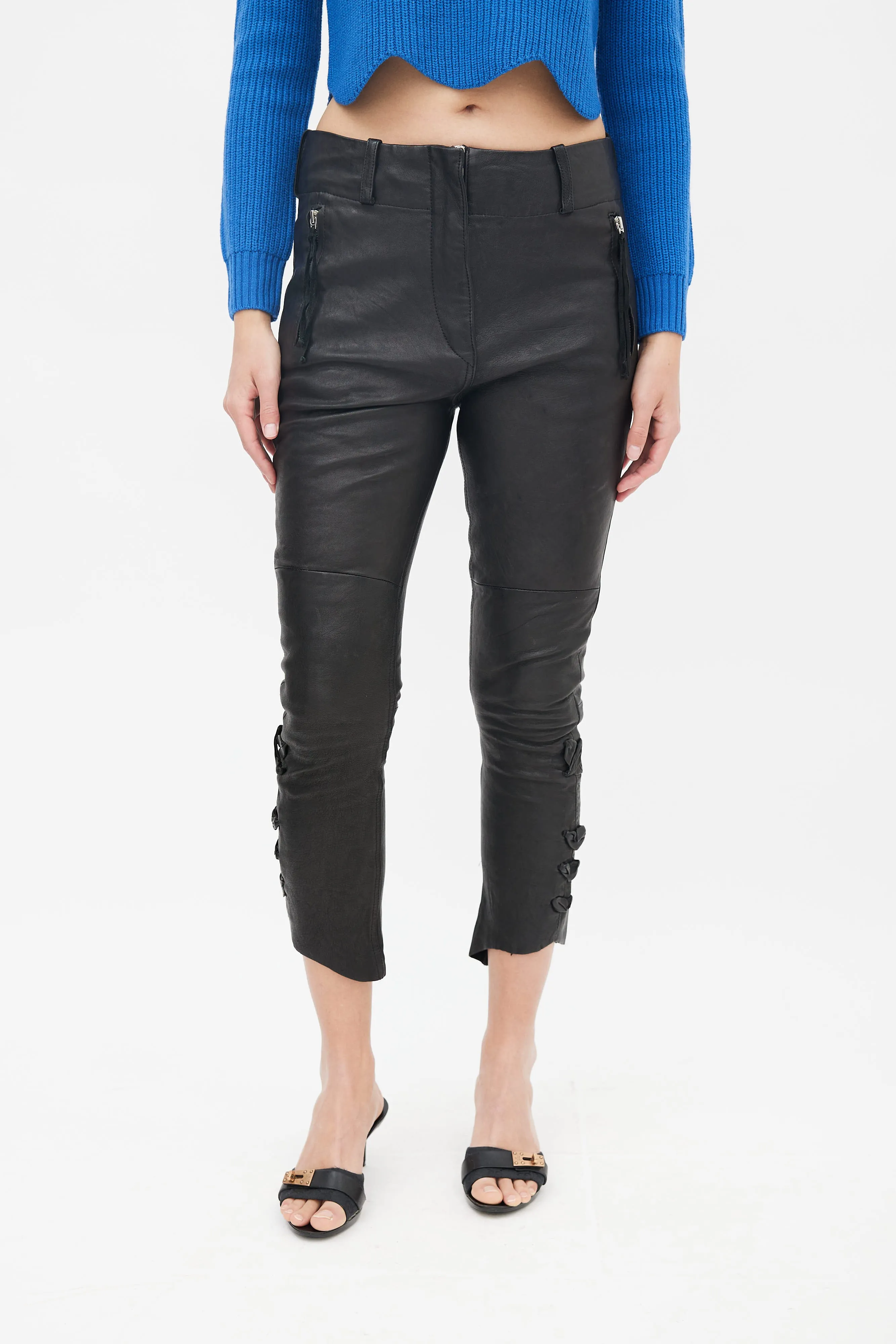 Black Leather Lace Up Capri Pant