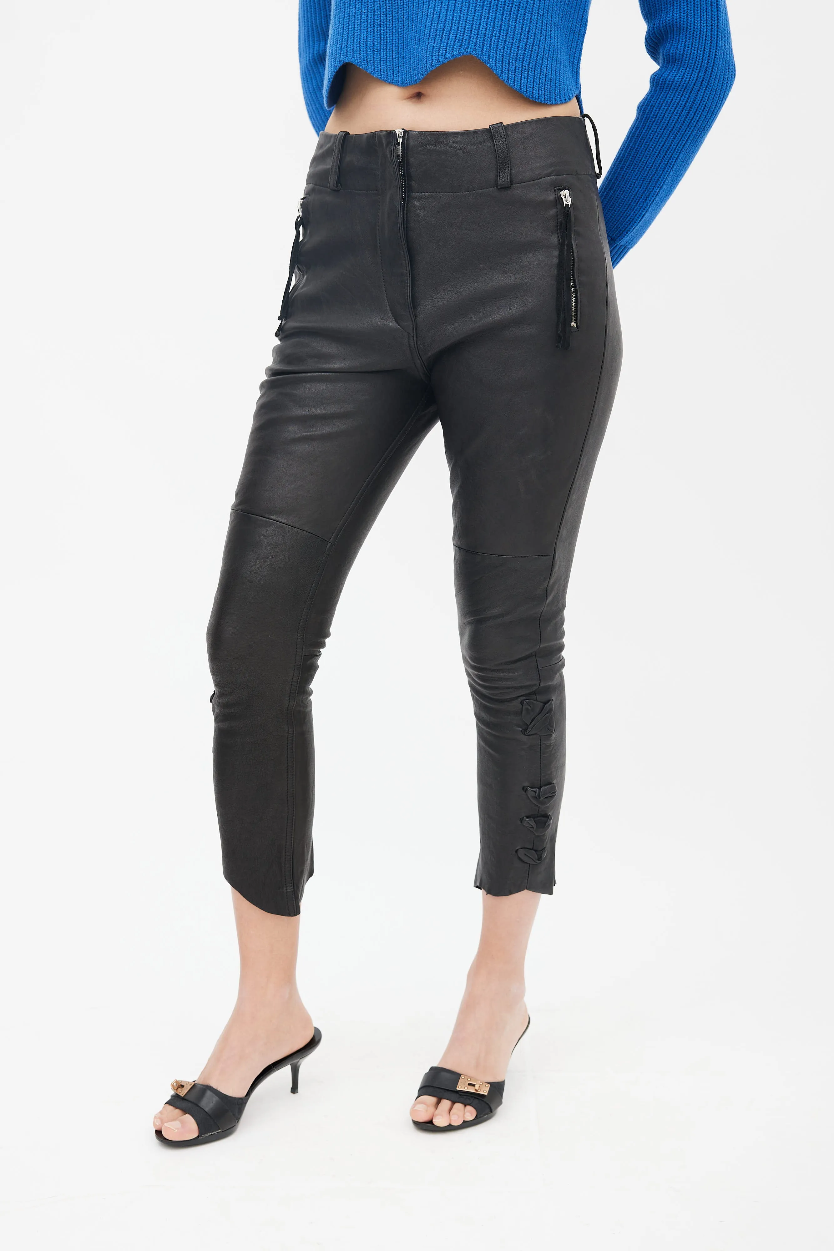 Black Leather Lace Up Capri Pant