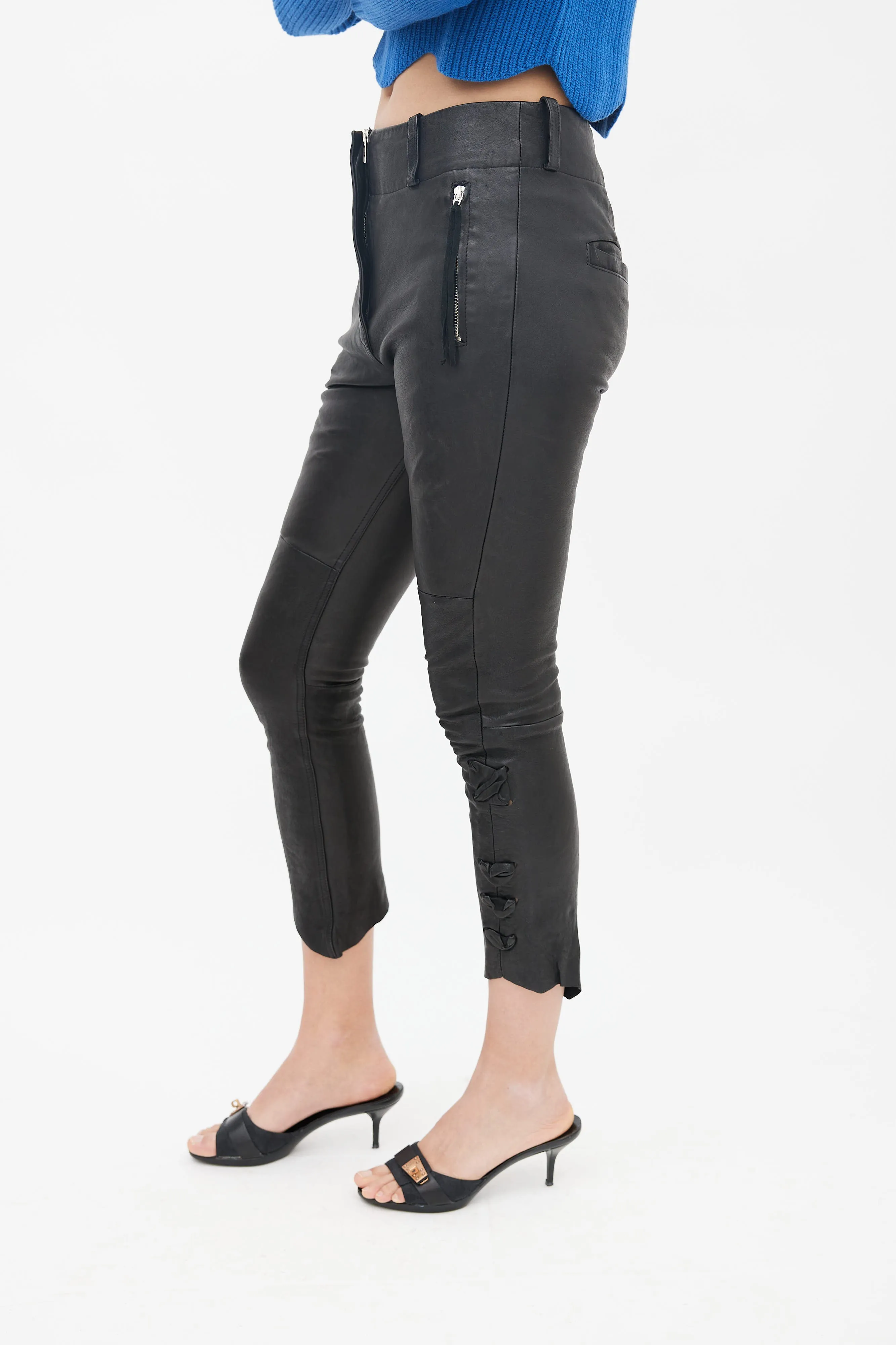 Black Leather Lace Up Capri Pant