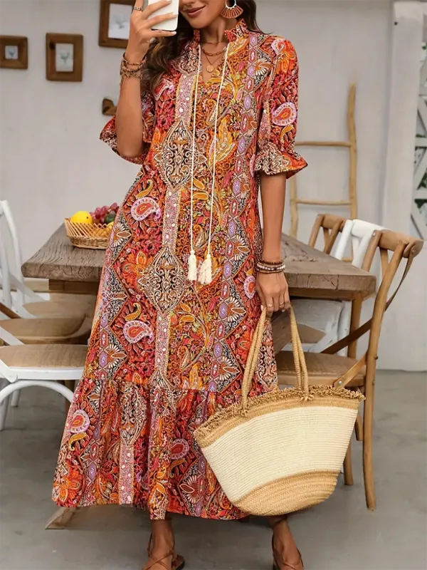 Casual Boho Paisley V-Neck Dress with Elbow Sleeves for Family Gatherings