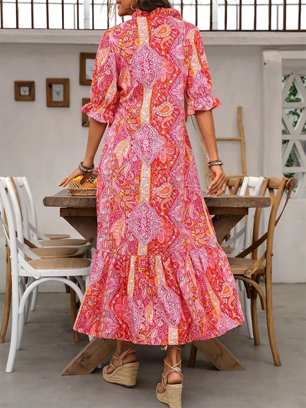 Casual Boho Paisley V-Neck Dress with Elbow Sleeves for Family Gatherings
