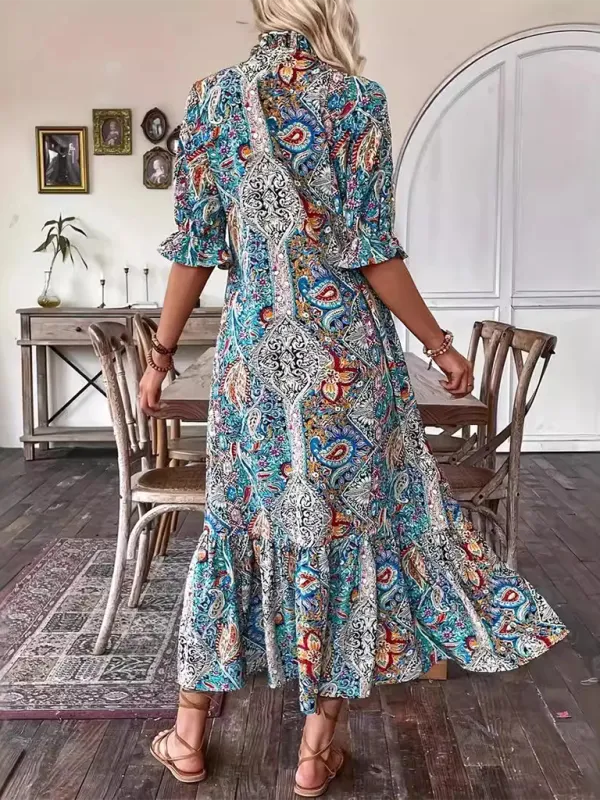 Casual Boho Paisley V-Neck Dress with Elbow Sleeves for Family Gatherings