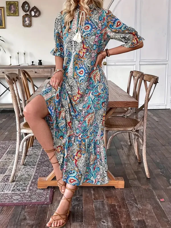 Casual Boho Paisley V-Neck Dress with Elbow Sleeves for Family Gatherings