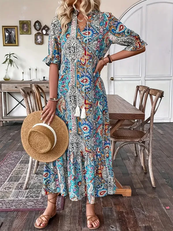 Casual Boho Paisley V-Neck Dress with Elbow Sleeves for Family Gatherings
