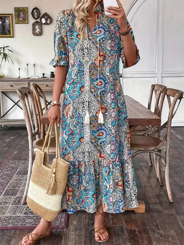 Casual Boho Paisley V-Neck Dress with Elbow Sleeves for Family Gatherings