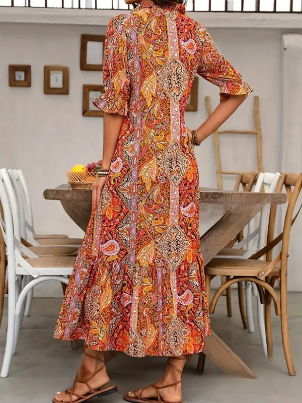 Casual Boho Paisley V-Neck Dress with Elbow Sleeves for Family Gatherings