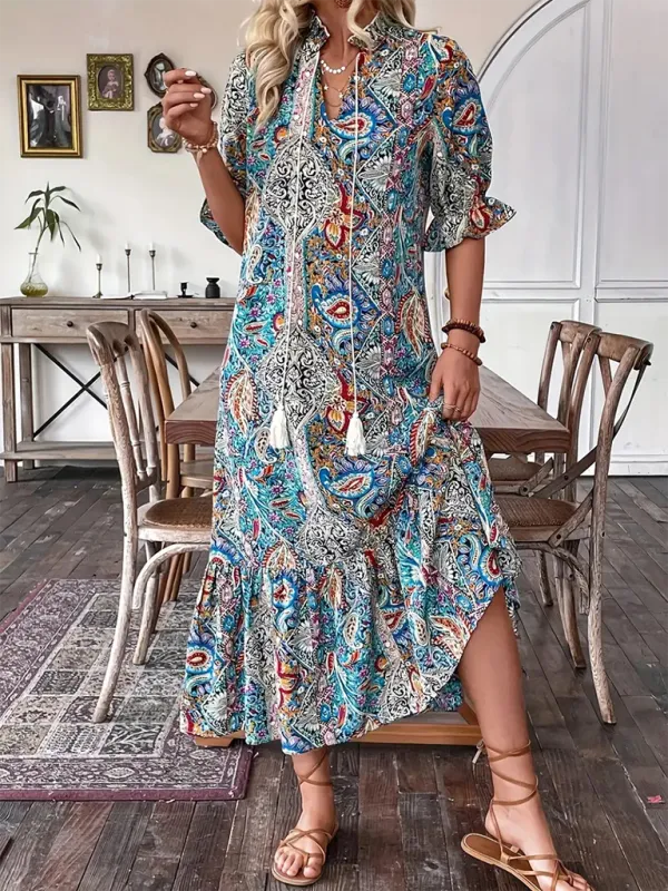 Casual Boho Paisley V-Neck Dress with Elbow Sleeves for Family Gatherings