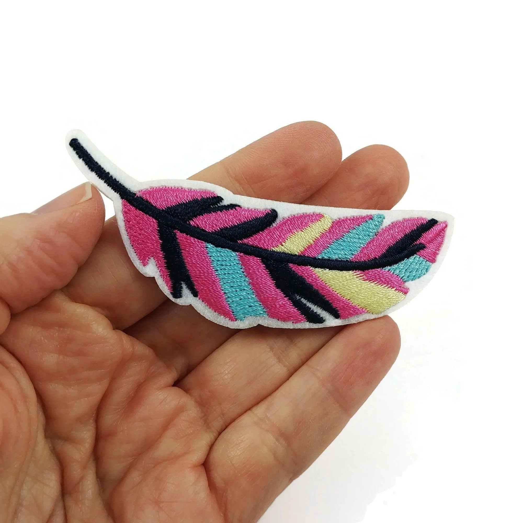 Colorful boho feather embroidered iron on patch