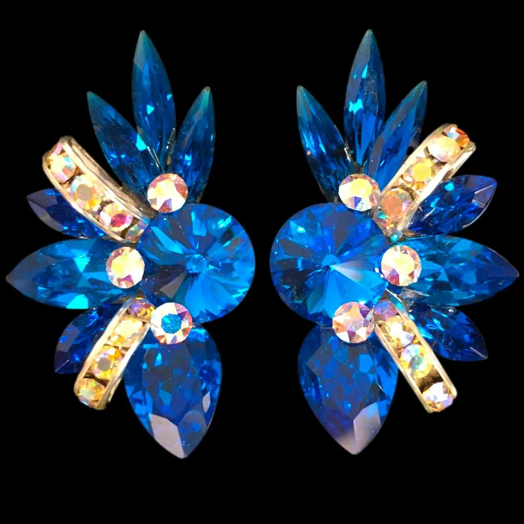 Earrings, Capri Blue and Crystal AB Rhinestones