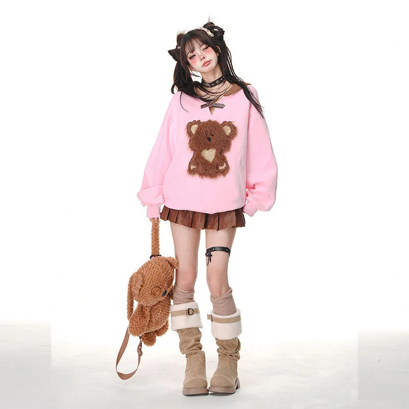 Kawaii Sweet Girl Style Pink Bear Embroidery Hooded Sweater