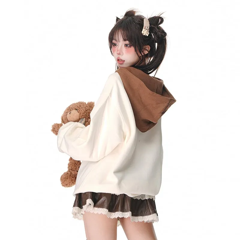 Kawaii Sweet Girl Style Pink Bear Embroidery Hooded Sweater