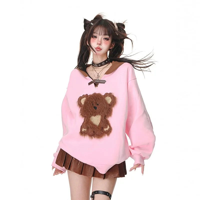 Kawaii Sweet Girl Style Pink Bear Embroidery Hooded Sweater
