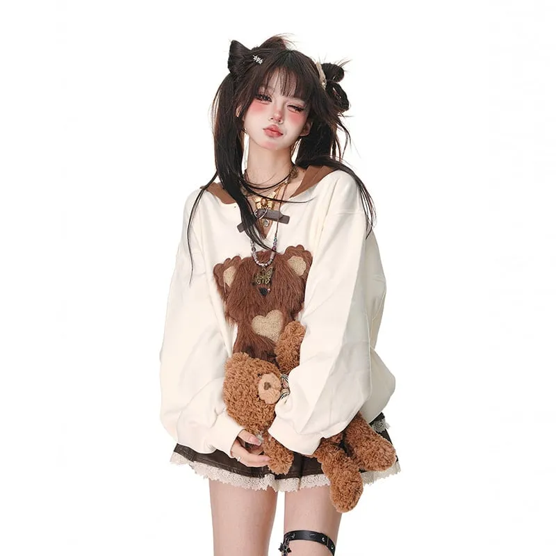 Kawaii Sweet Girl Style Pink Bear Embroidery Hooded Sweater