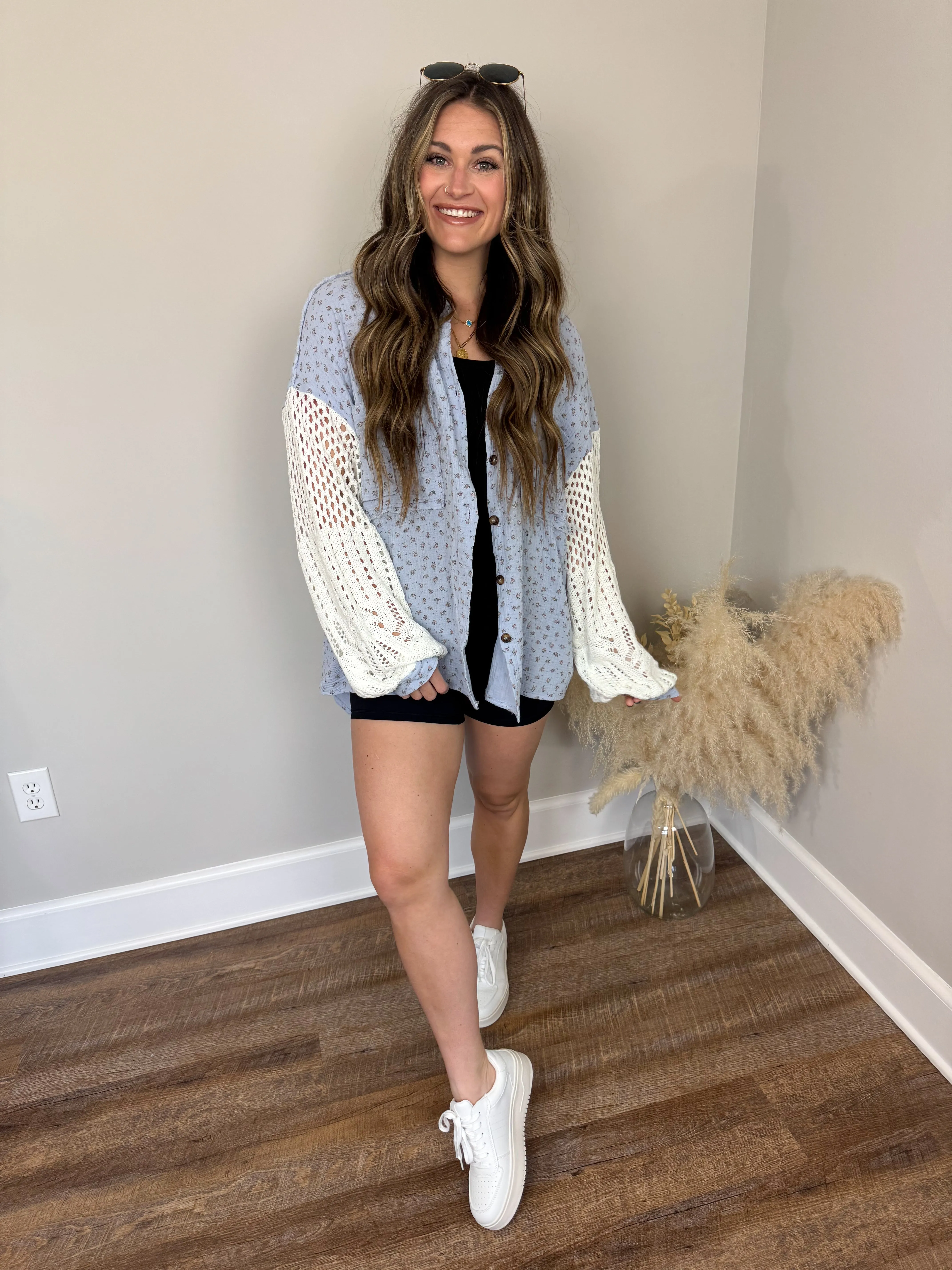 Miami Crochet Button Up Top | Blue Floral
