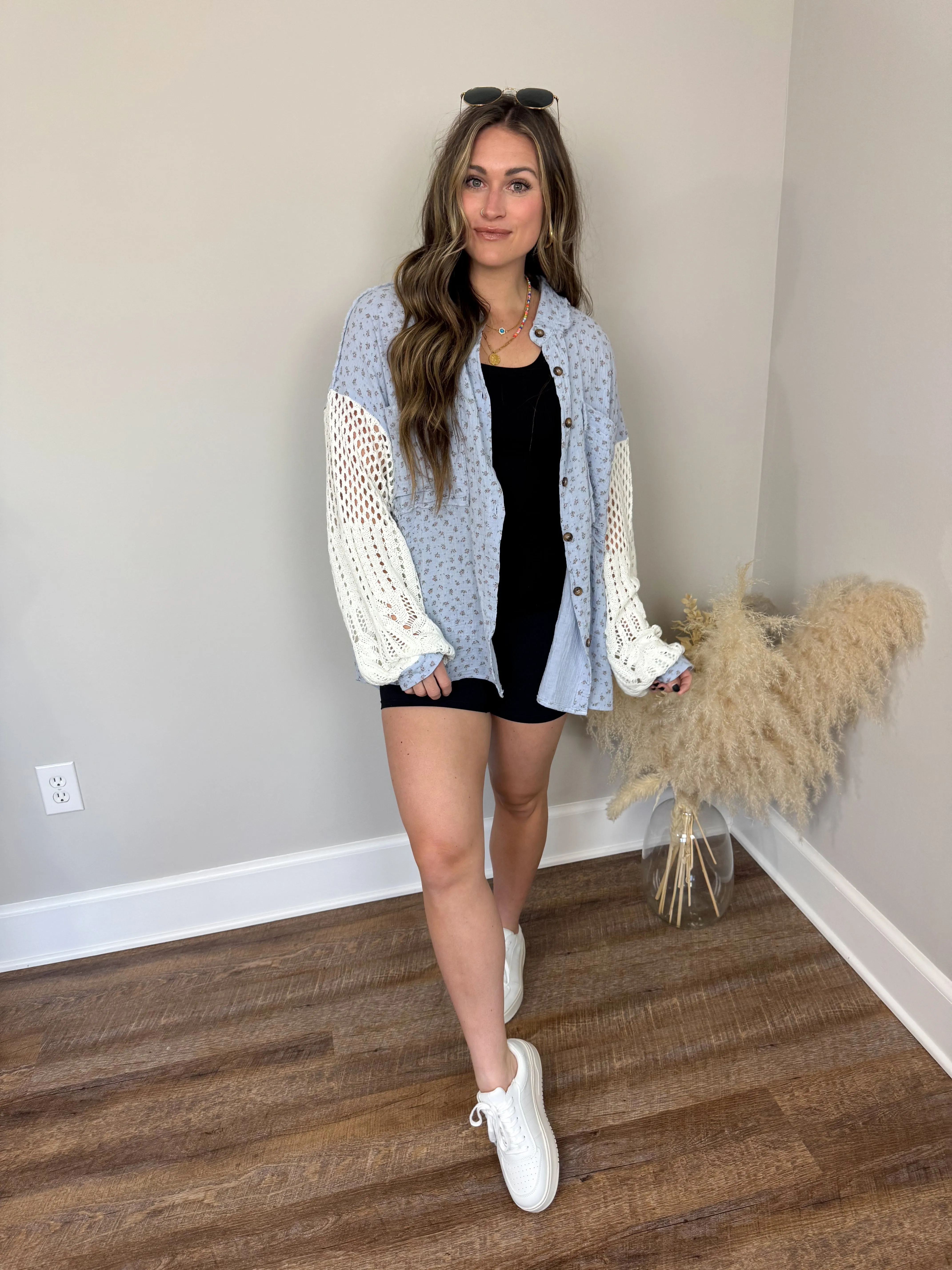 Miami Crochet Button Up Top | Blue Floral
