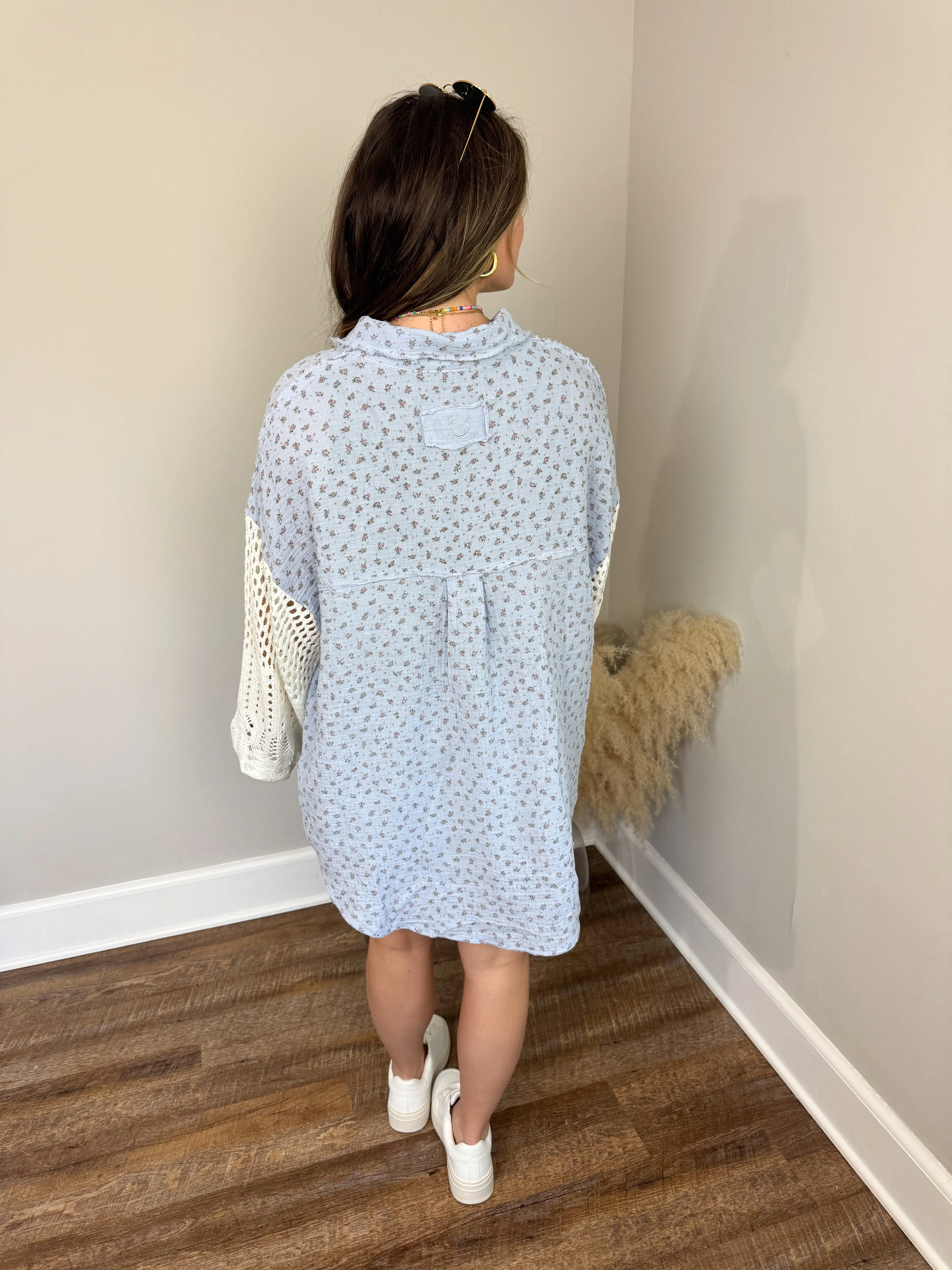 Miami Crochet Button Up Top | Blue Floral