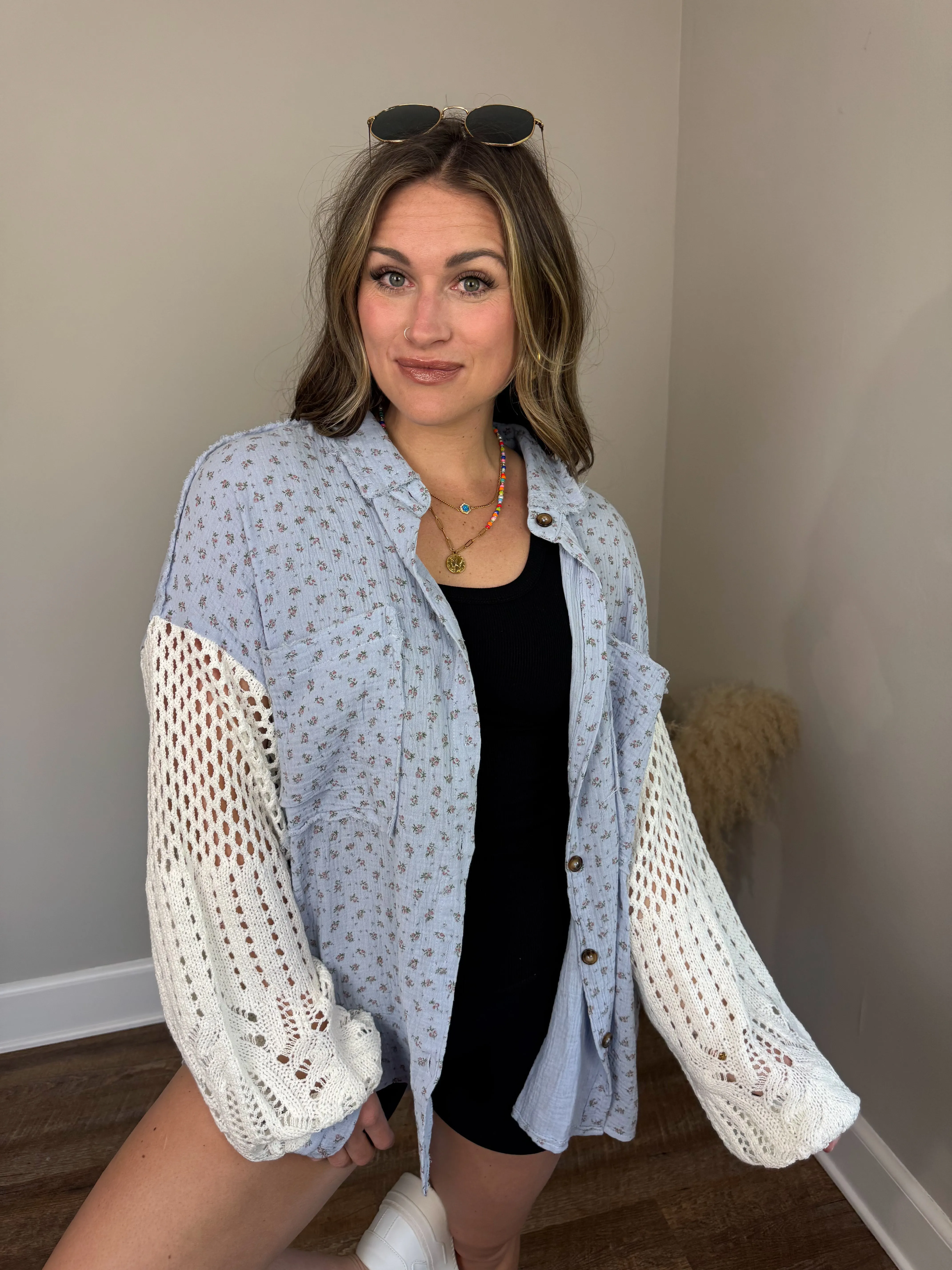 Miami Crochet Button Up Top | Blue Floral