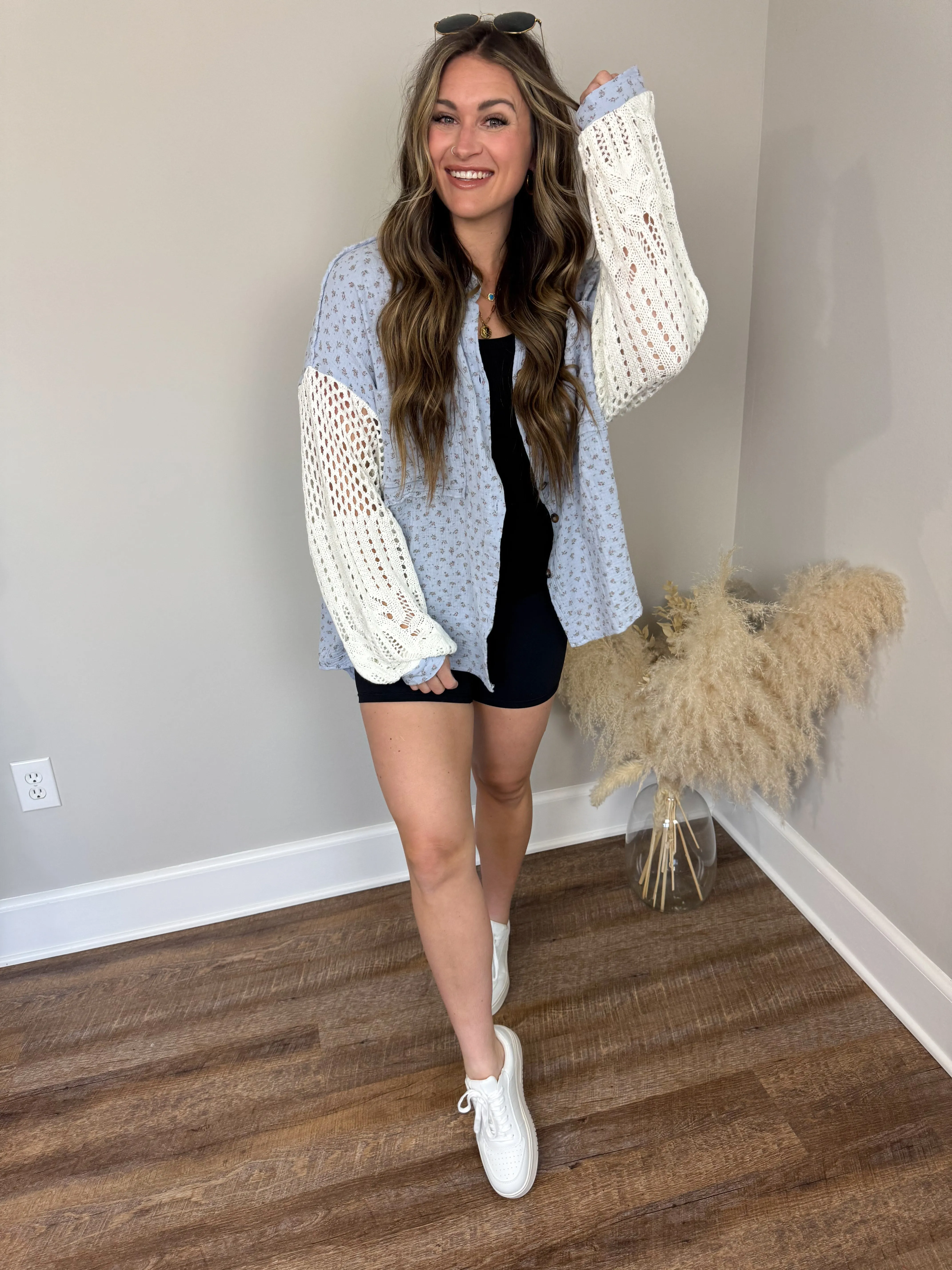 Miami Crochet Button Up Top | Blue Floral