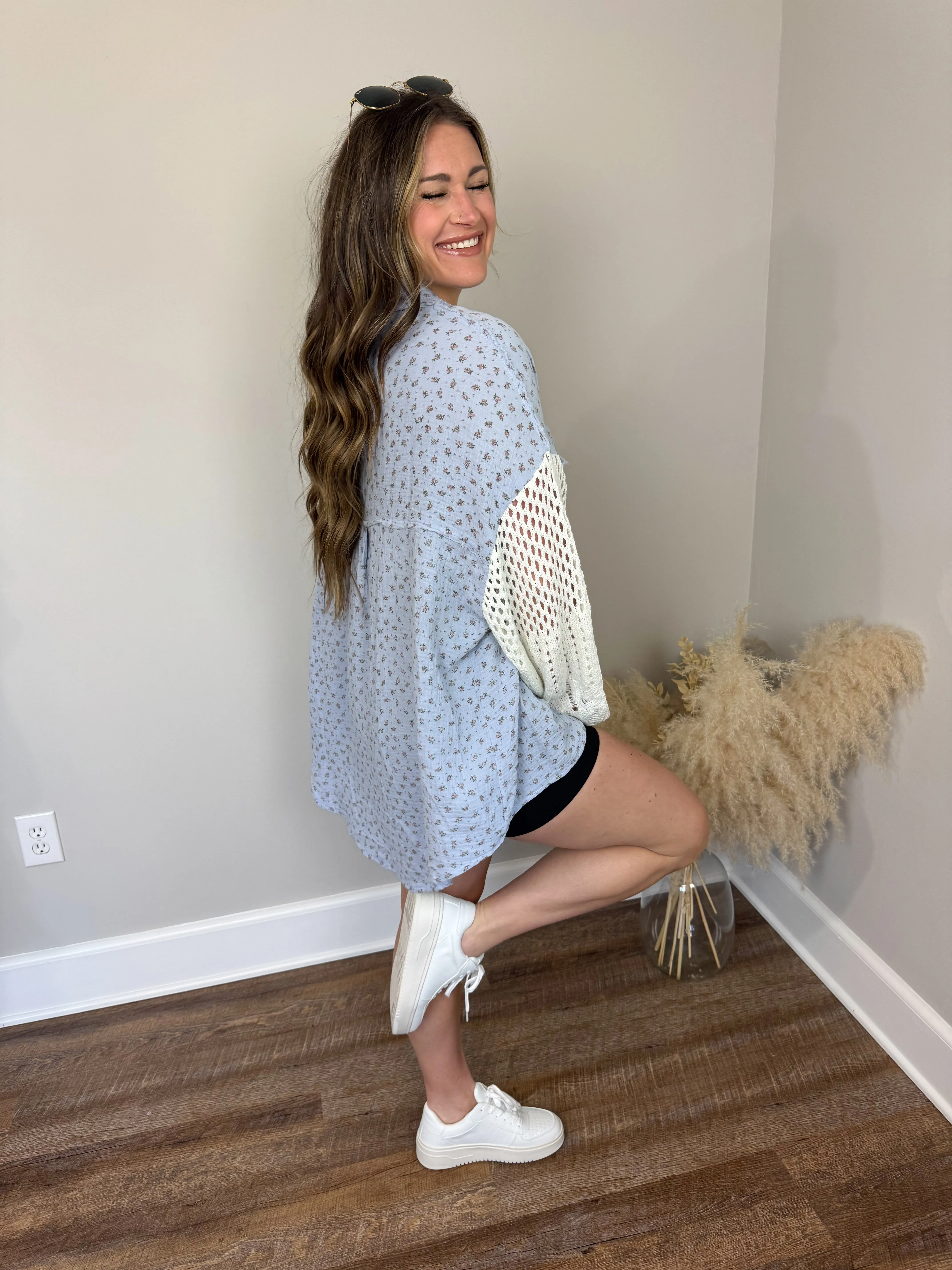 Miami Crochet Button Up Top | Blue Floral
