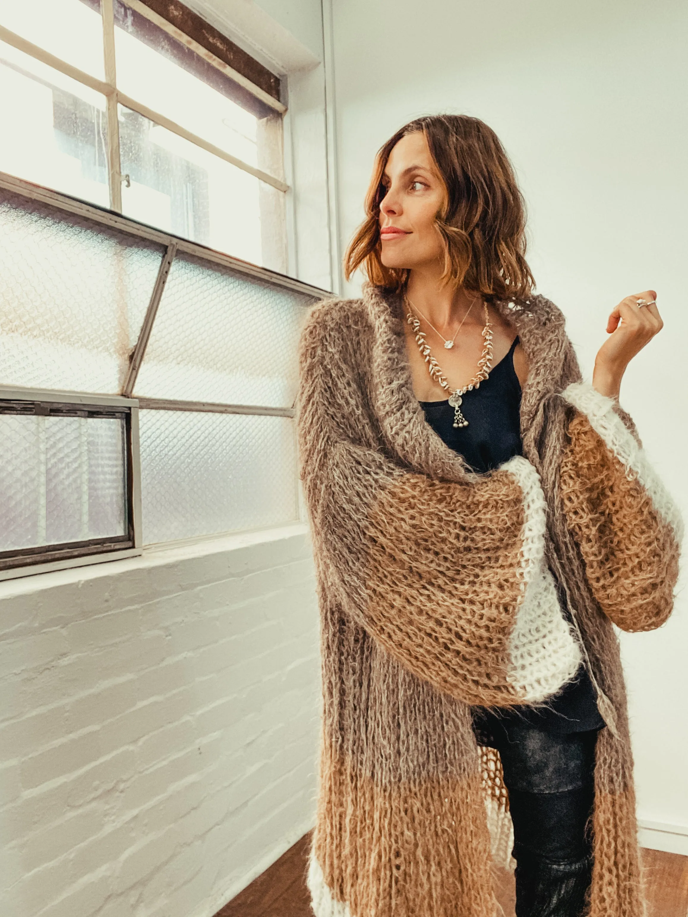 Shawl collar handknit cardigan - tri colour Dark