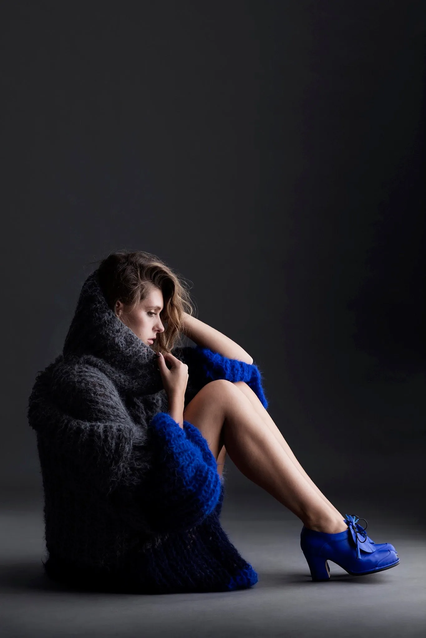 Shawl collar handknit cardigan - tri colour Dark