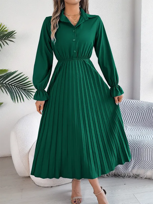 Shirt Pleated Midi Dress with Poe Sleeves Church Ready