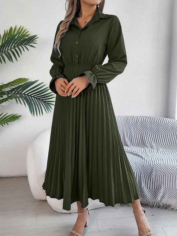 Shirt Pleated Midi Dress with Poe Sleeves Church Ready