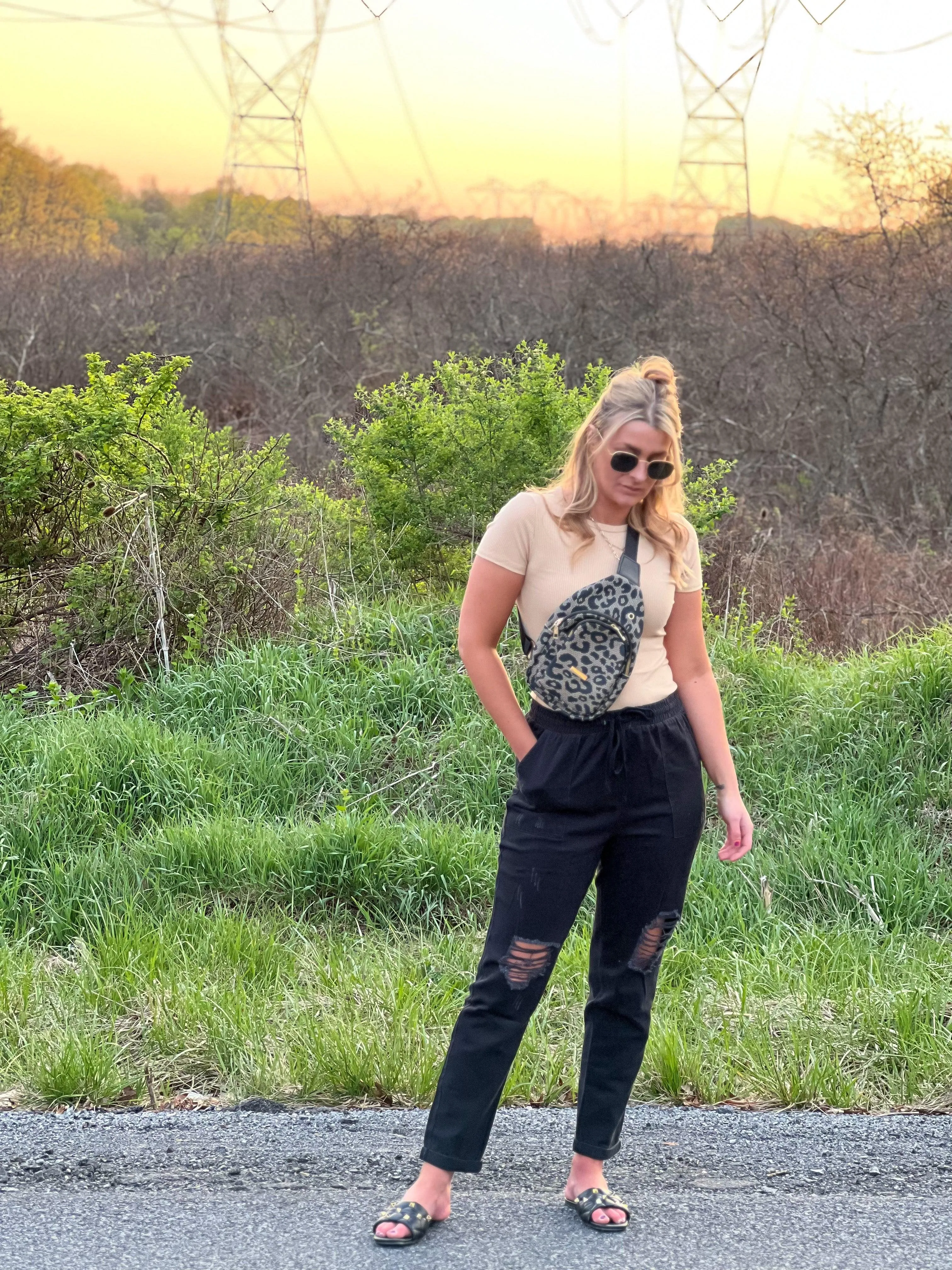 Tattered Elastic Waist Black Denim Pants
