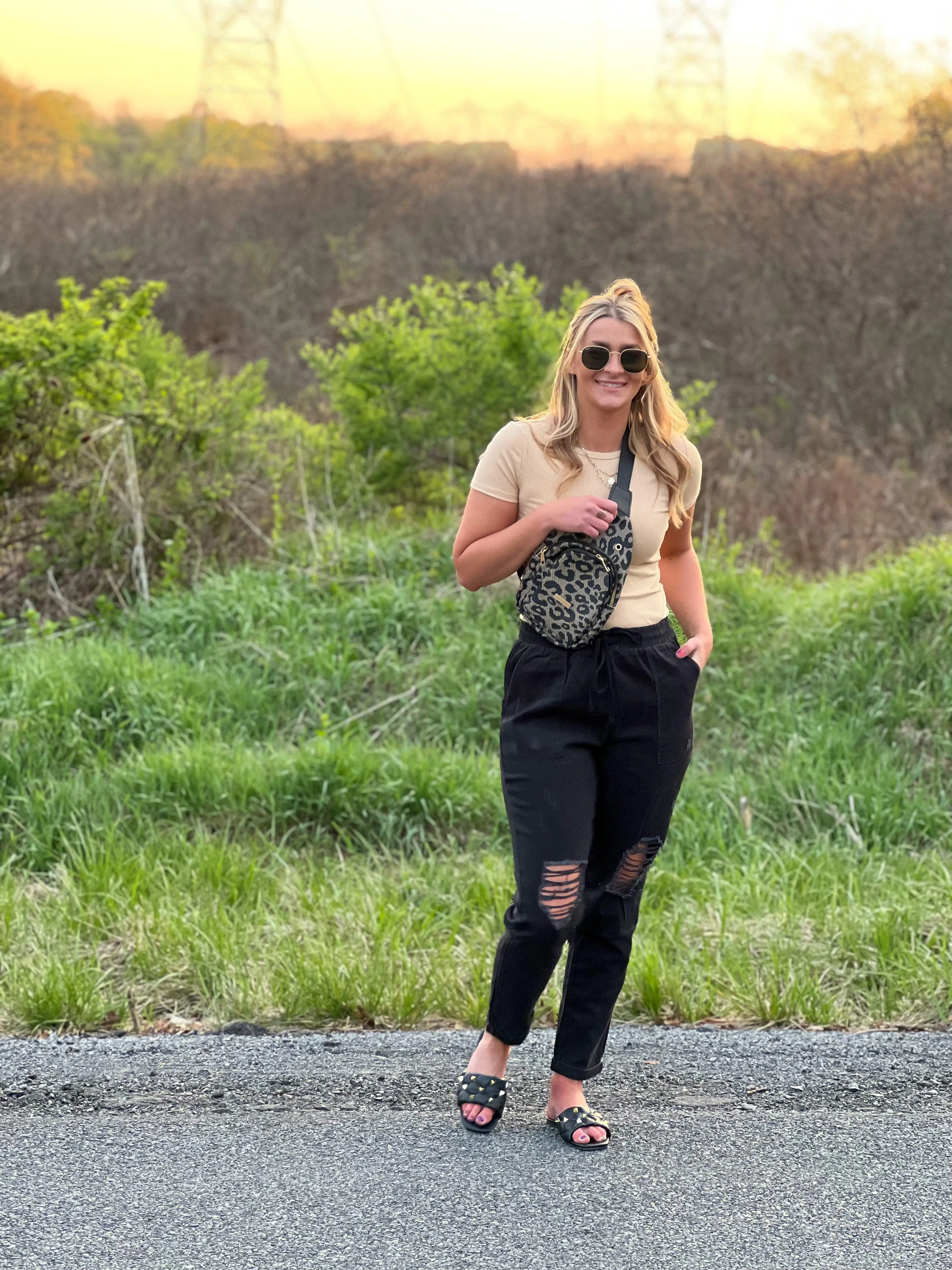 Tattered Elastic Waist Black Denim Pants