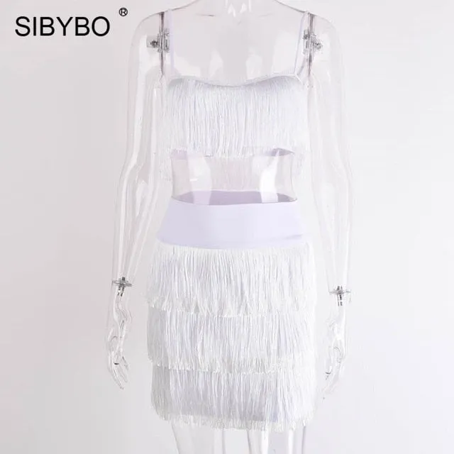 VenusFox Tassel Strapless Sexy Two Pieces Bandage Dresses