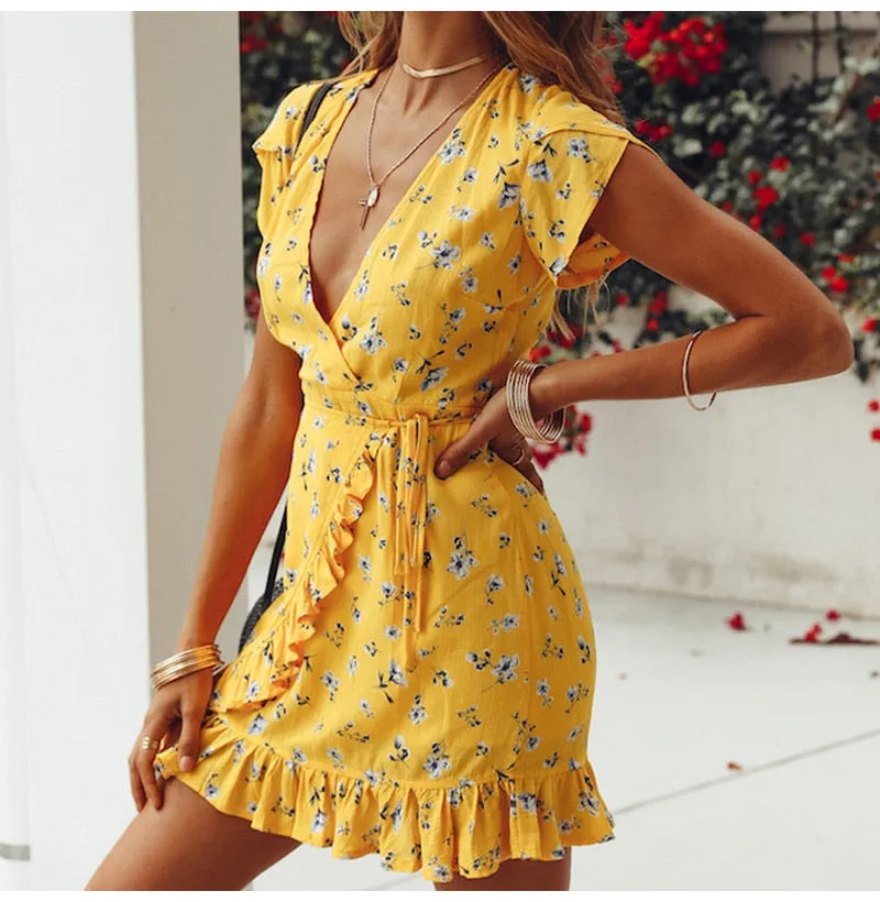 VenusFox Women Loose Short Sleeve V-Neck Ruffles Print Yellow Chiffon Mini Dress